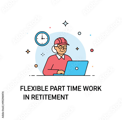Flexible part time work in retirement depicted by a mature worker seated with a laptop and a small clock icon nearby, symbolizing balanced lifestyle and