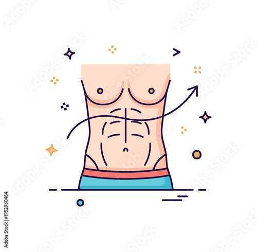 Defined abs transformation journey represented by a simplified torso icon with a subtle arrow curve suggesting progress and improvement. A motivational