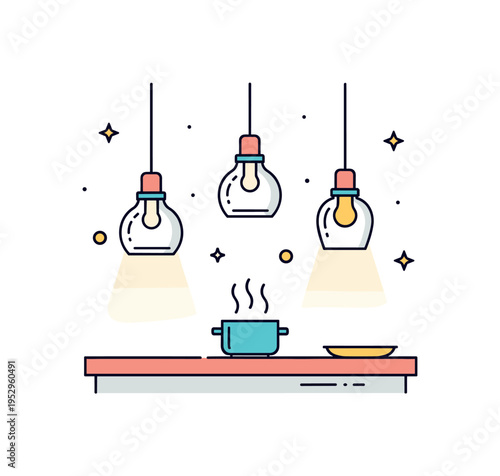 Warm ambient kitchen glow set of glass pendant bulbs suspended above an island with subtle steam lines rising from a small pot, conveying inviting evening