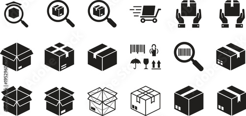 Logistics delivery service icons, shipping cardboard boxes, parcel tracking symbols, warehouse storage package elements
