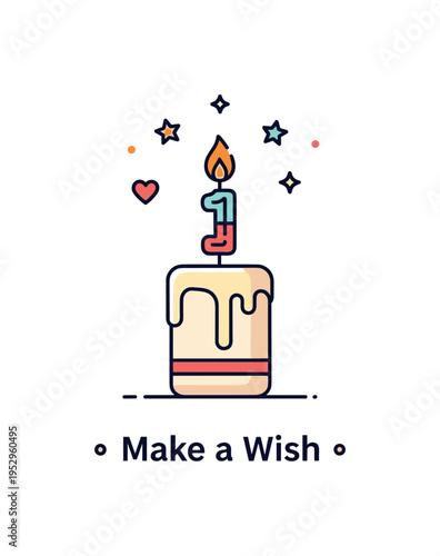 Candle flame birthday wish scene showing a compact candle with a small number topper and tiny star accents rising above, conveying celebration and heartfelt