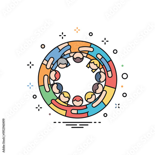 Friendship bond concept depicting a circle of people hugging and leaning inward, symbolizing loyalty and lasting connection. The balanced geometry creates a