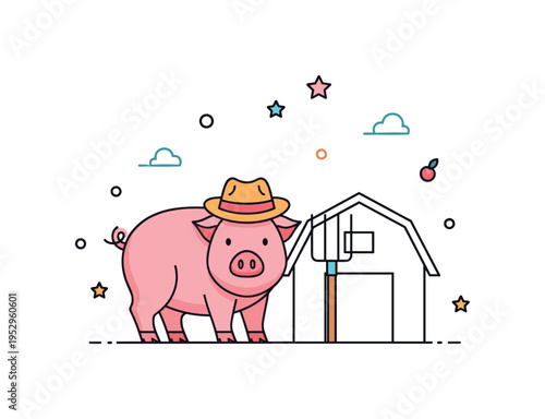 Pig farmer concept illustrated by a friendly pig standing beside a small pitchfork and barn outline, communicating traditional agriculture and hands on farming