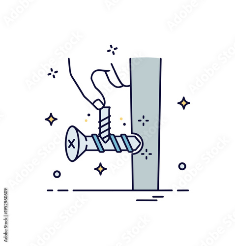 DIY repair moment compact scene of a loose screw being secured on a chair leg with tiny sparkle accents suggesting stability restored, symbolizing quick fixes