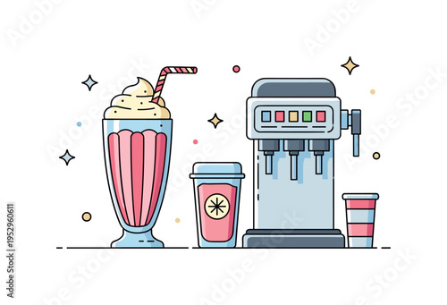 Milkshake bar scene tall striped milkshake glass with whipped cream beside a shiny soda fountain machine, expressing sweet indulgence and cheerful retro vibes.