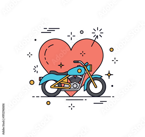 Timeless motorcycle passion concept built around a heart shape subtly integrated with a classic bike outline and small spark details, communicating devotion to