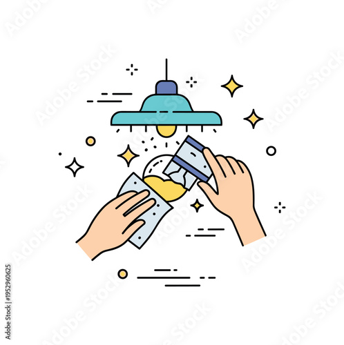 Cleaning dusty light fixture scene centered on a bulb with small motion lines and soft sparkle accents, expressing care, maintenance, and restored brightness.