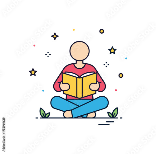 Mindful reading badge featuring a simplified figure calmly seated with an open book centered, symbolizing focus, reflection and personal development. The