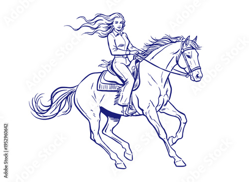 Cowgirl riding horse vintage artwork. Wild west equestrian design. Adventure horse rider for t shirt. Horseback riding sketch. Western art.