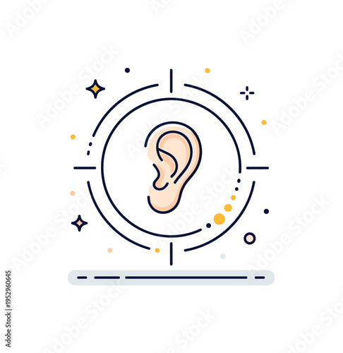 Sensory perception badge centered on an ear silhouette within a soft circular frame and minimal radiating lines, symbolizing awareness, sensitivity, and human