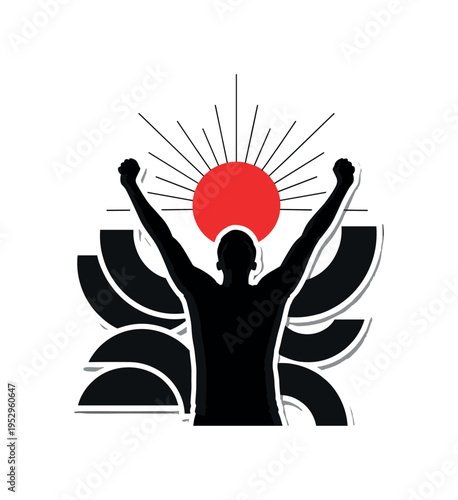 Black and white silhouette in a victory stance with arms raised upward, bold red circle centered between the arms symbolizing triumph, thin black radial lines