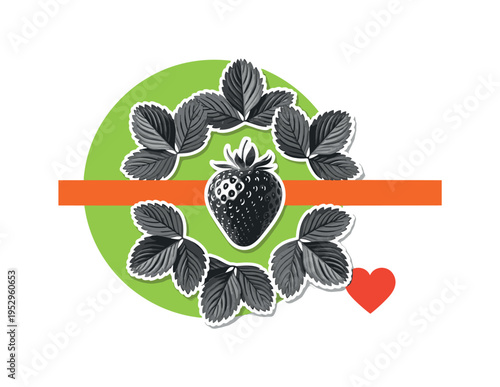 Black and white strawberry leaves forming circular frame around fruit, strong lime green circle backdrop, sharp orange horizontal bar cutting across mid