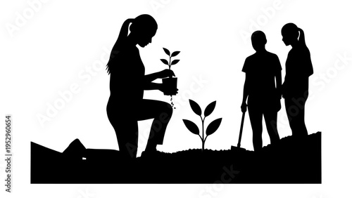 Silhouette of people planting trees for environmental conservation and sustainability concept