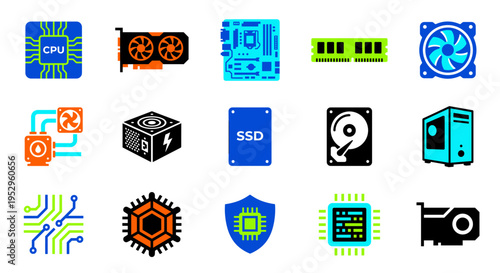 Colorful, flat-design icons depicting computer hardware components, including processors and storage.