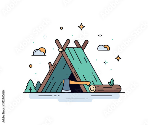 Setting up a survival shelter centered on a simple lean to structure built from branches with a small axe placed beside it, communicating practical bushcraft