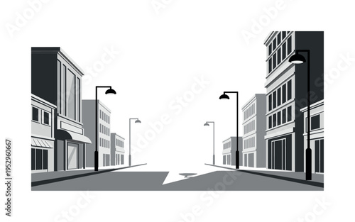 Black and white environment empty city street with muted buildings and soft gray shadows, expressing stillness, minimal emotion, and absence of