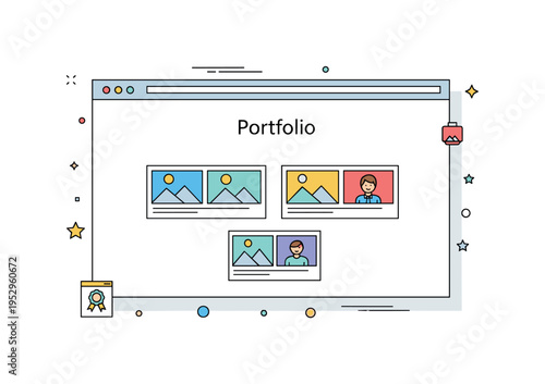 Online portfolio showcase centered around a simple web page layout with image thumbnails symbolizing expertise and curated achievements. A short word Portfolio