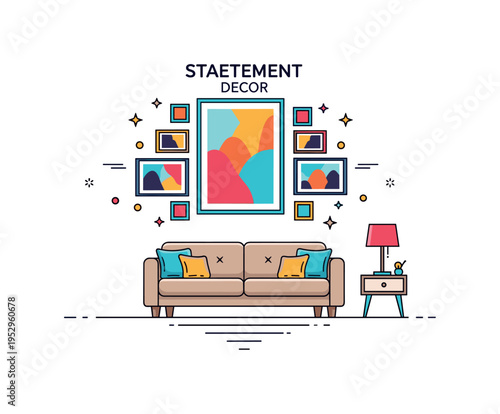 Statement wall decor large central artwork surrounded by smaller framed pieces in a symmetrical layout above a sofa, conveying confidence and curated interior