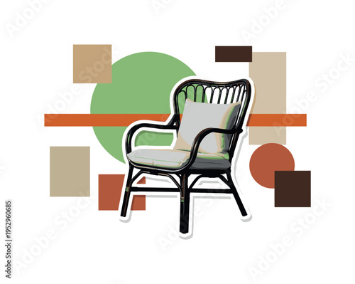 Realistic black and white rattan chair with soft linen cushion, bright sage green circle floating behind, burnt orange horizontal bar cutting through layout,
