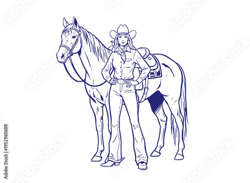Cowgirl with horse vintage artwork for t shirt. Western design for apparel and stickers. Rodeo outdoors vector. Wild west. Ranch life adventure.
