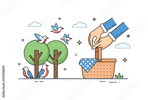 Nature conservation ethics A pair of hands gently closing a picnic basket while birds and trees remain undisturbed in the background, symbolizing mindful