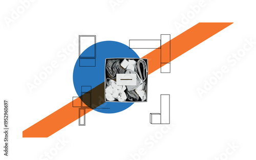 Black and white flat lay of donation box filled with unused items, bold electric blue circular backdrop partially hidden behind the box, sharp orange diagonal