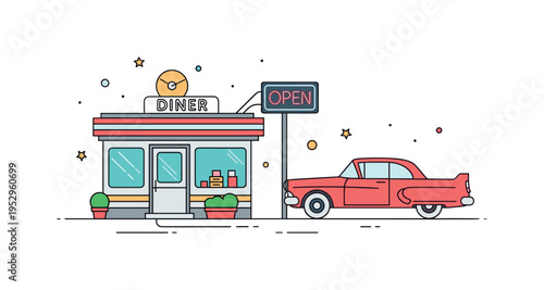 American diner exterior small standalone roadside cafe with neon style sign reading Open and a parked retro car silhouette, conveying mid century travel
