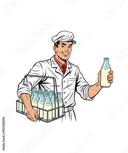 milk delivery worker holding glass bottle vector illustration