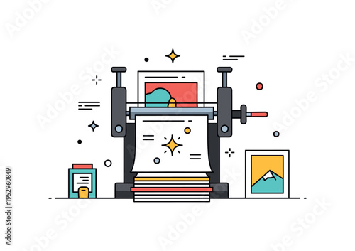 Behind the scenes studio print preparation scene built around a printing press silhouette with freshly stacked art sheets and a subtle star accent, expressing