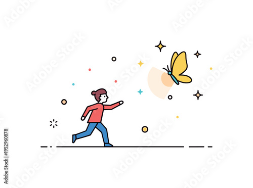Dreamy pursuit metaphor showing a small figure chasing a glowing butterfly with subtle star accents, expressing aspiration and chasing fleeting moments. The