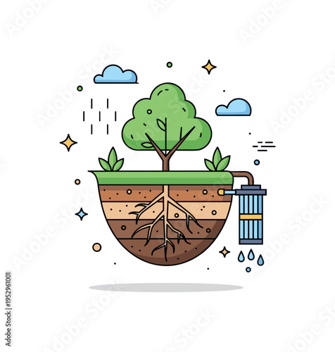 Rain garden concept built around layered soil and plant roots beneath a simple shrub, symbolizing natural water filtration and stormwater management. A clear