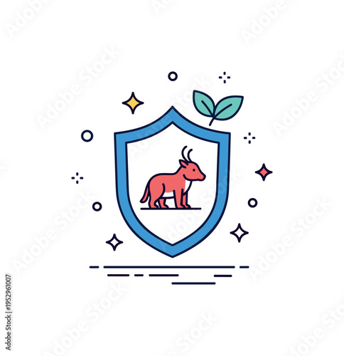 Rare animal species conservation concept illustrated by a small unique animal silhouette framed inside a protective shield with a tiny leaf accent, expressing