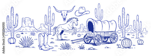 Wild West vintage artwork for t shirt. Western desert landscape design. Cowboy lifestyle graphic. Adventure in nature. Vintage wagon and horse.