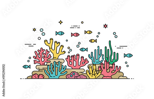 Underwater coral reef colorful coral shapes and small fish arranged in a compact composition with tiny bubble accents, representing vibrant sea habitats and