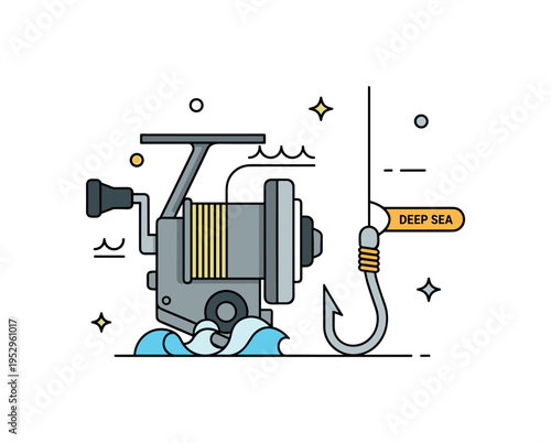 Saltwater fishing gear close up of a sturdy reel and hook with subtle wave accents and a small Deep Sea label, expressing preparation and specialized equipment