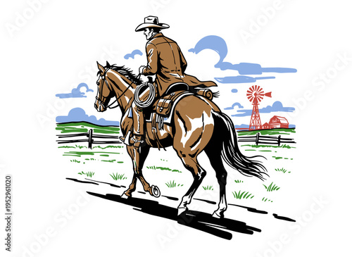 Cowboy on horse vintage artwork. Western desert landscape design. Wild West adventure graphics. Country farm life illustration. Rancher apparel print.