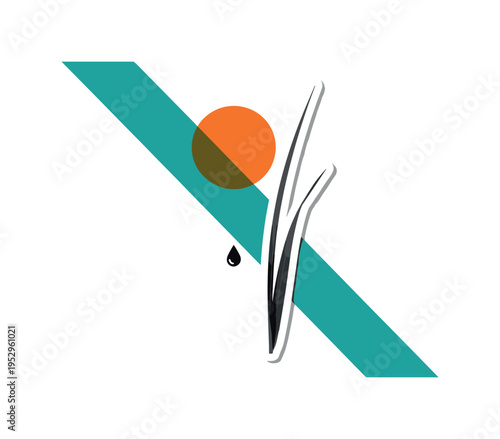 Black and white single blade of grass enlarged and centered, sticker-style white contour around it, bold teal diagonal block cutting across the layout with