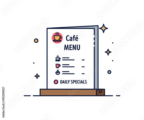 Cafe menu card small tabletop menu holder displaying drink list with cup icon and subtle sparkle accents, conveying cozy coffee shop atmosphere and daily