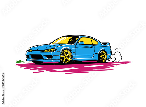 Sport car print design for t shirt. Fast wheels challenge. Speed racing poster. Blue sport car artwork. Extreme racing car design.