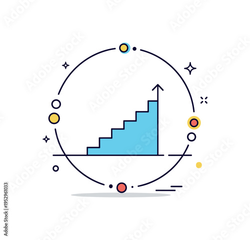 Elevated pathway concept badge compact staircase icon framed within a circular outline and subtle geometric accents, capturing upward movement and refined