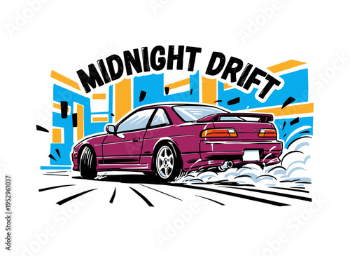 Midnight drift car artwork. Sport car print design for tshirt. Speed racing poster design. JDM drifting graphic. Fast wheels challenge.