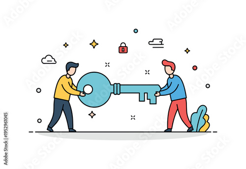 Unlocking potential teamwork concept illustrated by two simplified figures turning a large key together, expressing collaboration, shared effort and collective
