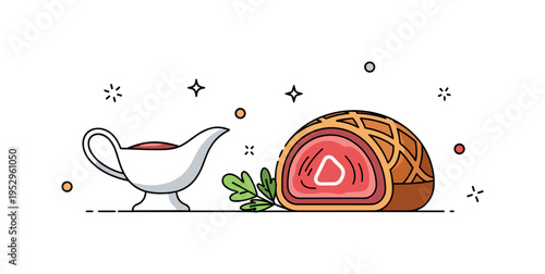 Classic French inspired cuisine concept represented by a beef Wellington paired with a small sauce boat and herb garnish, expressing culinary heritage and