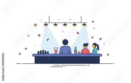Late night club atmosphere illustrated through a compact bar counter silhouette with soft spotlight beams and scattered confetti accents, conveying