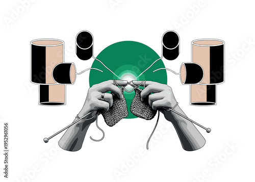 monochrome hands knitting with yarn mid-motion, vivid emerald green circle highlighting movement, flat geometric cylinders and blocks arranged symmetrically,