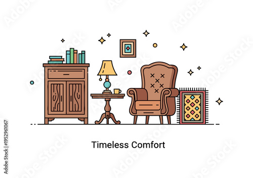 Rustic interiors with antique furniture cozy living room scene illustrated by a vintage wooden cabinet and carved armchair placed beside a small round table