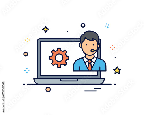 Technical support assistance shown as a laptop screen with a small gear icon and a supportive agent silhouette beside it, symbolizing troubleshooting and