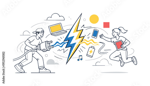 Electricity flow. Abstract lightning bolt connecting plugs and devices, smooth energy lines moving across the scene. A bright, dynamic moment showing power,