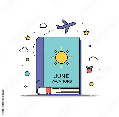 Travel guidebook for June vacations featuring a compact book with a bright sun icon on the cover and a small airplane silhouette above, expressing seasonal