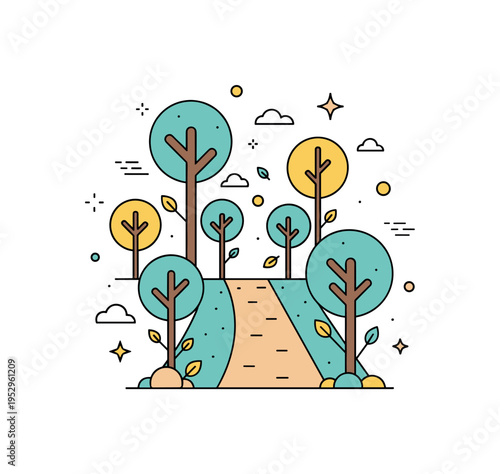 Woodland discovery walk centered on a narrow trail surrounded by stylized trees and tiny leaf accents, highlighting curiosity and appreciation of natural